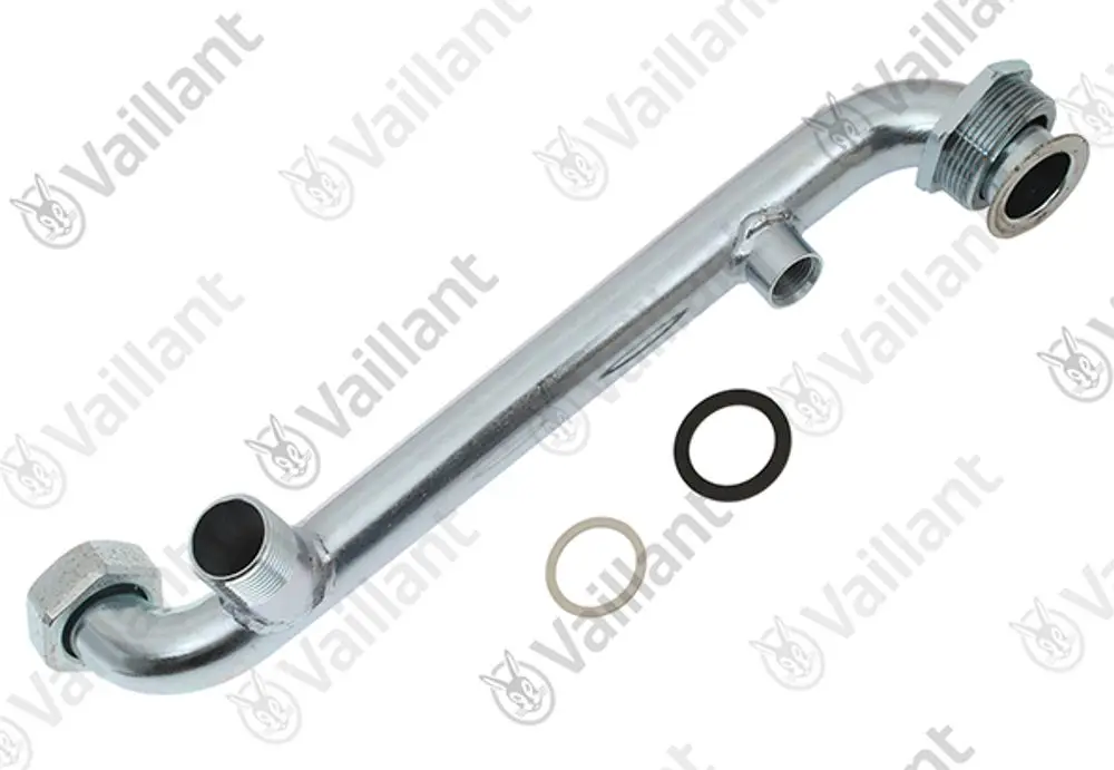 Vaillant Rohr mit mehreren Anschlussmöglichkeiten und Dichtungen, geeignet für Heizungsanwendungen. Metallisches Material, gebogenes Design.